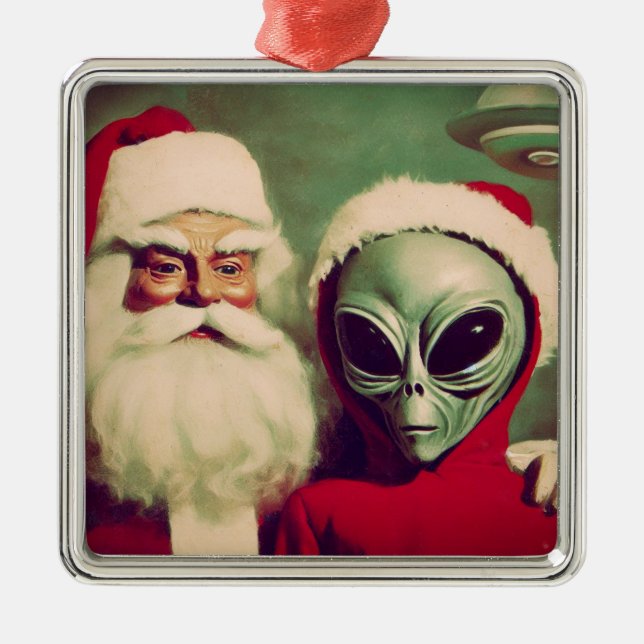 Santa Claus with Space Alien UFO Christmas  Metal Tree Decoration (Front)