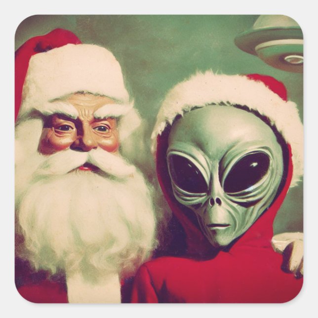 Santa Claus with Space Alien UFO Christmas  Square Sticker (Front)