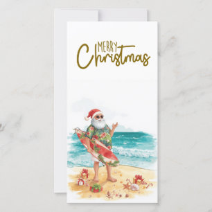 Santa Claus with Surf Board Christmas tropical Holiday Card
