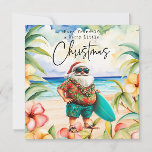 Santa Claus with Surf Board from Hawaii  Christmas Holiday Card