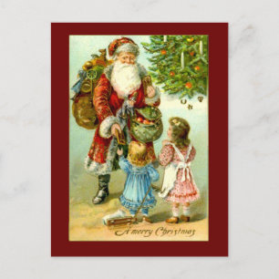 Santa Claus with Two Little Girls Vintage Art Card