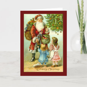 Santa Claus with Two Little Girls Vintage Art Card