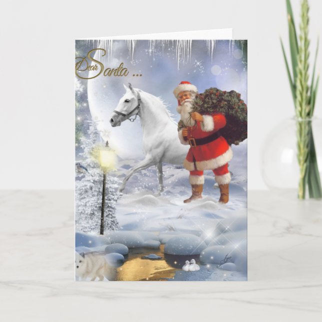 Santa Claus With White Horse Holiday Card (Front)