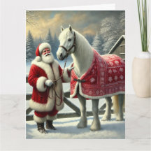 Santa Claus with White Horse on Snowy Farm