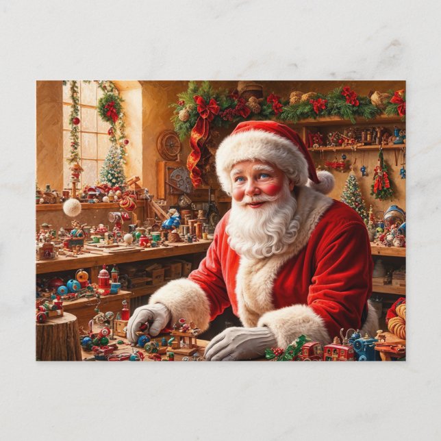 Santa Claus Working in his Christmas Toy Workshop  Holiday Postcard (Front)