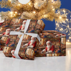 Santa Claus Working in his Christmas Toy Workshop Wrapping Paper