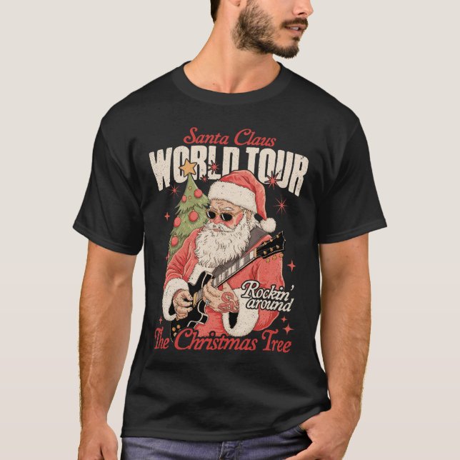 Santa Claus World Tour Cool Christmas Music Guitar T-Shirt (Front)