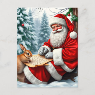 Santa Claus Writing a Letter in a Snowy Forest Holiday Postcard