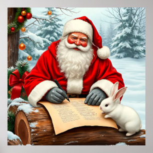 Santa Claus Writing a Letter in a Snowy Forest Poster