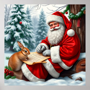 Santa Claus Writing a Letter in a Snowy Forest Poster