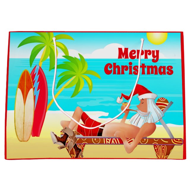 Santa Clause and Surfboards Merry Christmas Beach Large Gift Bag (Front)