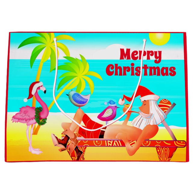 Santa Clause and the Birds Beach Merry Christmas Large Gift Bag (Front)