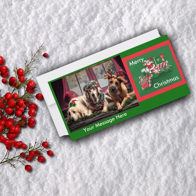 Santa Clause Candy Train Holiday Card (Santa Claus Riding peppermint candy train on red and green flat Christmas photo greeting card.)