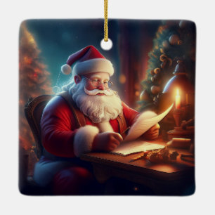 Santa Clause Checking Wish List Letters Ceramic Ornament
