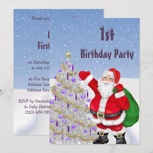 Santa Clause & Christmas Tree 1st Birthday Invitation (Front/Back)