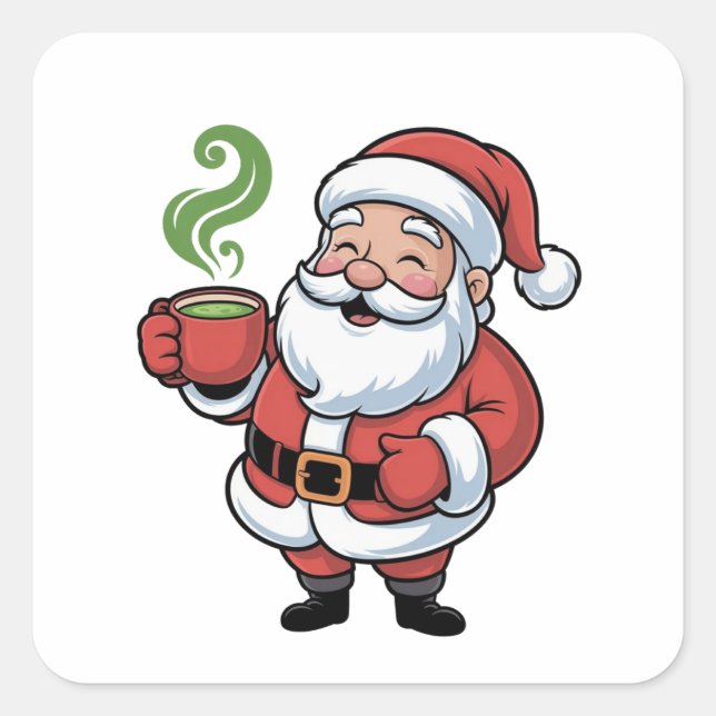 Santa Clause Drinking a Matcha Christmas Square Sticker (Front)
