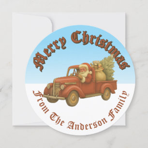 Santa Clause Driving Vintage Truck Christmas Holiday Card