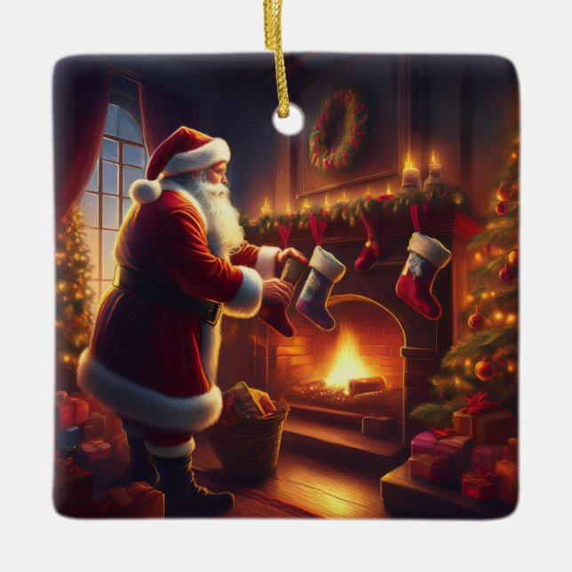 Santa Clause Filling Stockings Ceramic Ornament (Front)