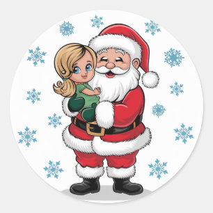 Santa Clause Hugging a Girl with Snowflakes Classic Round Sticker
