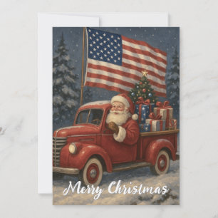 Santa Clause In Little Red Truck Christmas Holiday Card