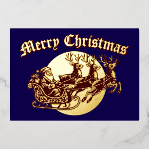 Santa Clause In Sleigh & Reindeer Christmas Foil Holiday Card