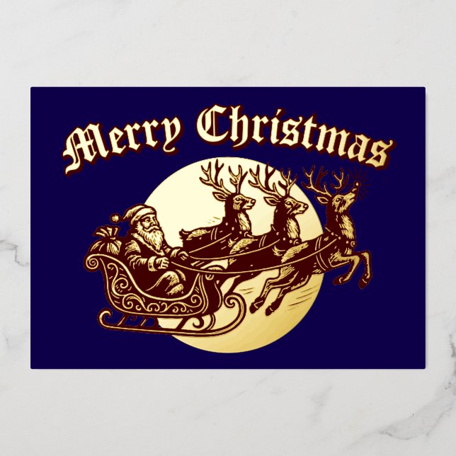 Santa Clause In Sleigh & Reindeer Christmas Foil Holiday Card (Front)