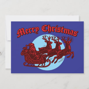 Santa Clause In Sleigh & Reindeer Christmas Holiday Card