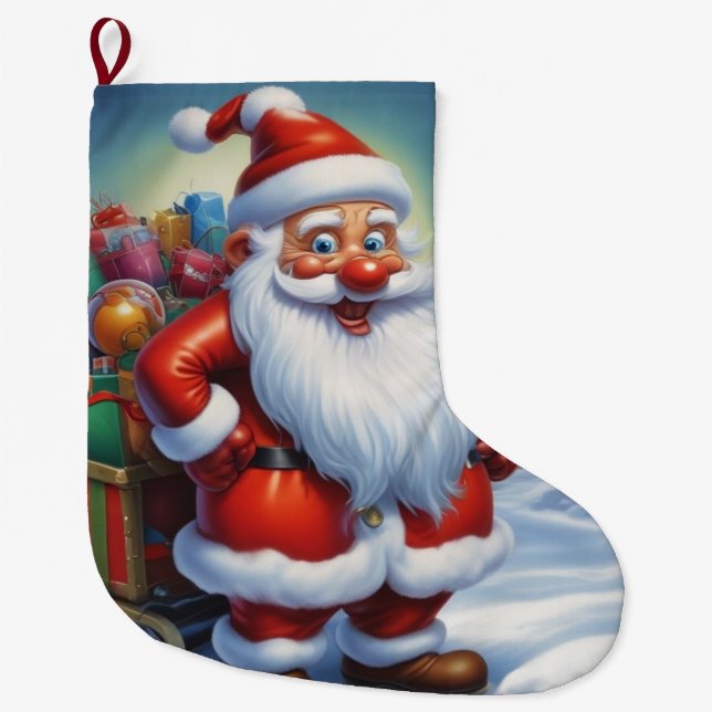 Santa Clause Merry Christmas Happy New Year Large Christmas Stocking (Front)
