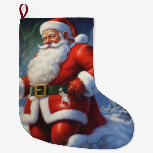 Santa Clause Merry Christmas Happy New Year Large Christmas Stocking (Front)