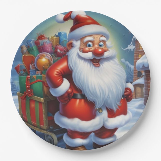 Santa Clause Merry Christmas Happy New Year Paper Plate (Front)