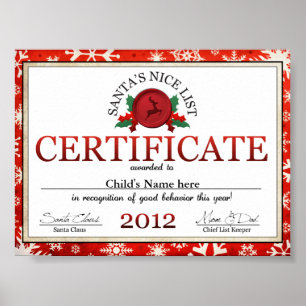 Santa Clause Nice List Child Certificate Poster