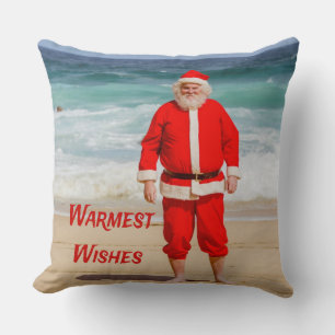 Santa Clause on Beach Warmest Wishes Funny Humour Cushion