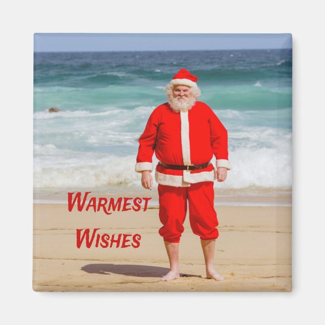 Santa Clause on Beach Warmest Wishes Funny Humour Magnet (Front)