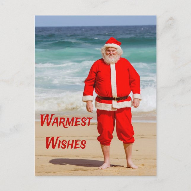 Santa Clause on Beach Warmest Wishes Funny Humour Postcard (Front)