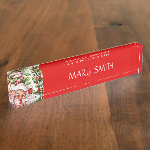 Santa clause vintage holly christmas nameplate