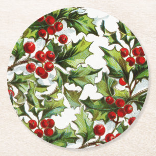 Santa clause vintage holly elegant round paper coaster