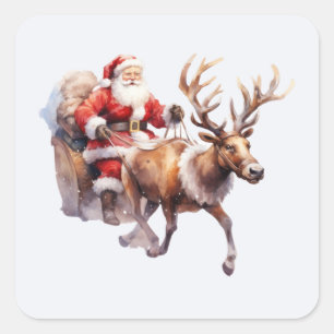 Santa Clause with a reindeer pulling his sleigh Square Sticker