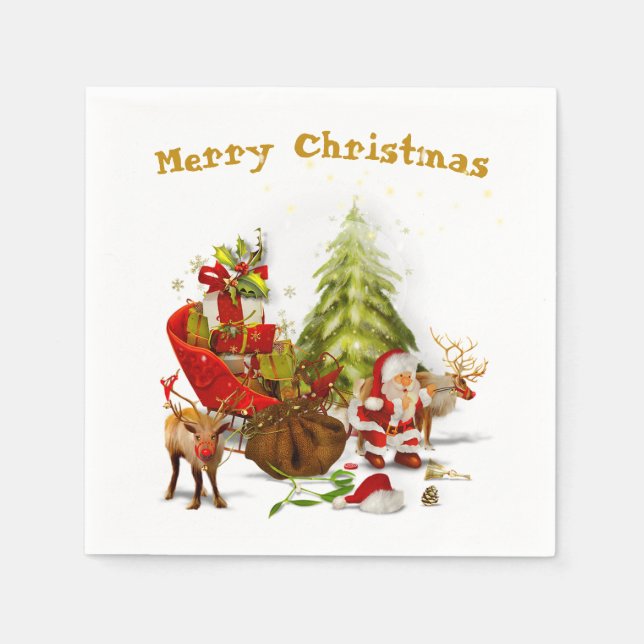 Santa Clause with his Sleigh and Reindeers Napkin (Front)