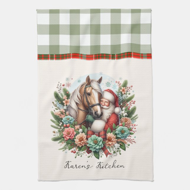 Santa Clause With Horse Christmas Tea Towel (Vertical)