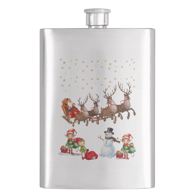 Santa Clause with reindeers pulling his sleigh Hip Flask (Front)