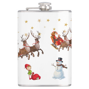 Santa Clause with reindeers pulling his sleigh Hip Flask