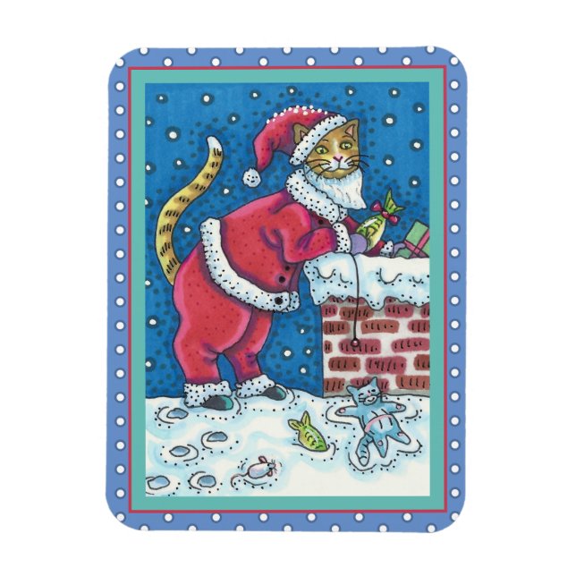 SANTA CLAWS CAT ON ROOFTOP BRINGING GIFTS, FUNNY MAGNET (Vertical)