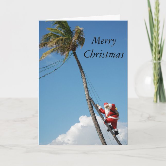 Santa climbs palm tree sunny florida holiday card (Front)
