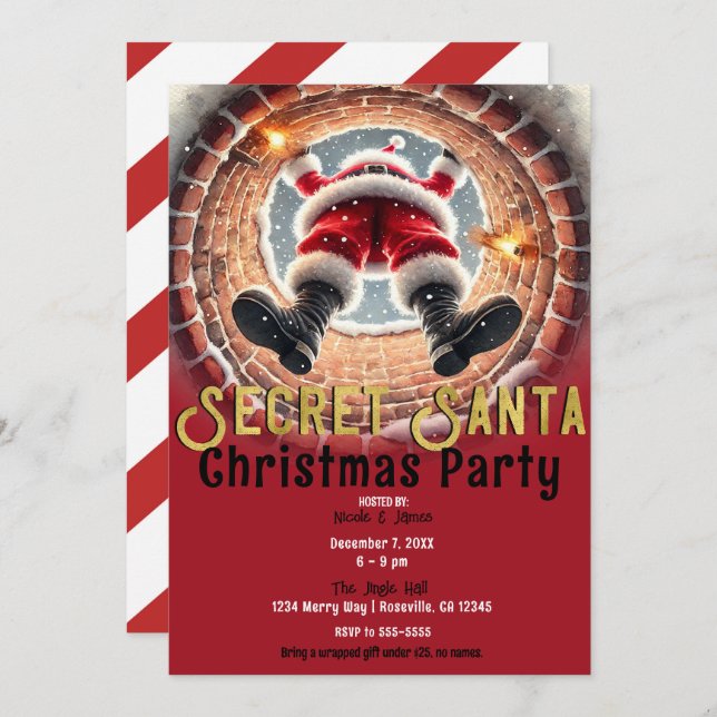 Santa Coming Down Chimney Secret Santa Party Invitation (Front/Back)