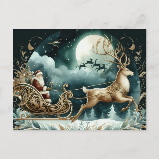 Santa coming on a deer sleight Golden Postcard (Front)