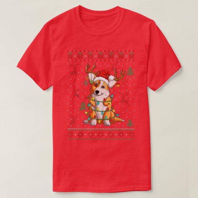 Santa Corgi Christmas Tree Lights Xmas Merry Corgm T-Shirt (Design Front)