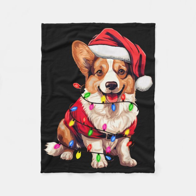 Santa Corgi Dog Christmas Lights Xmas Pajama Dog L Fleece Blanket (Front)