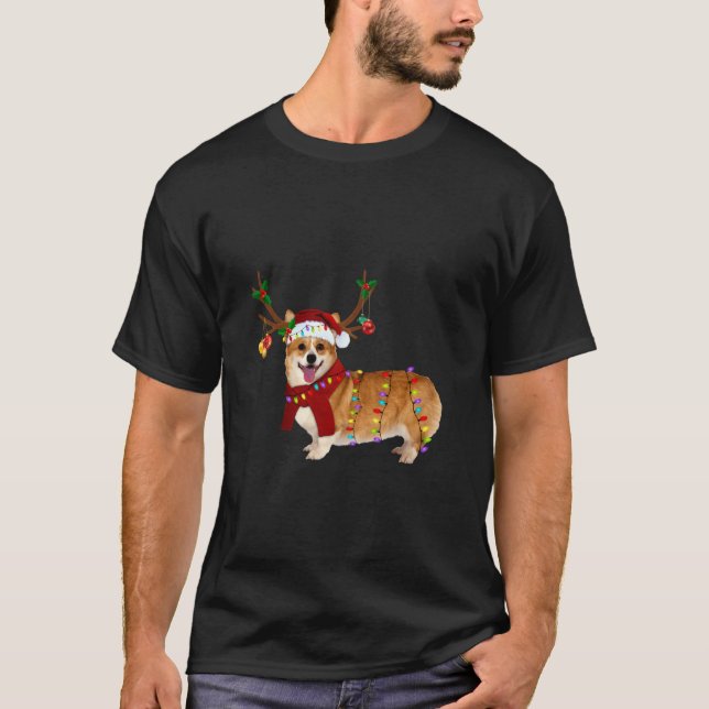 Santa Corgi Reindeer Light Christmas Gifts T-Shirt (Front)