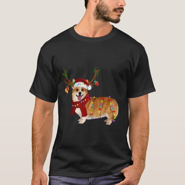 Santa Corgi Reindeer Light Christmas Gifts T-Shirt (Front)
