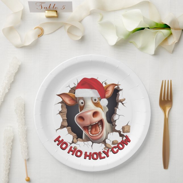 Santa cow cartoon face humourous Christmas farmers Paper Plate (Wedding)